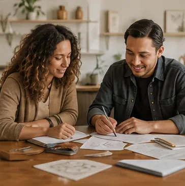 Two creative partners sketching ideas together at a table