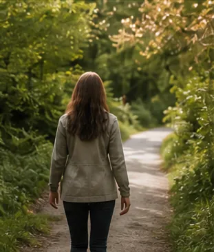 A woman walking alone down a leafy path