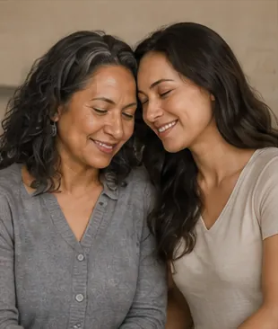 An adult daughter and her mother resting their heads together, smiling