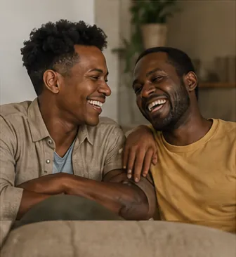 Two adult brothers laughing together on a sofa