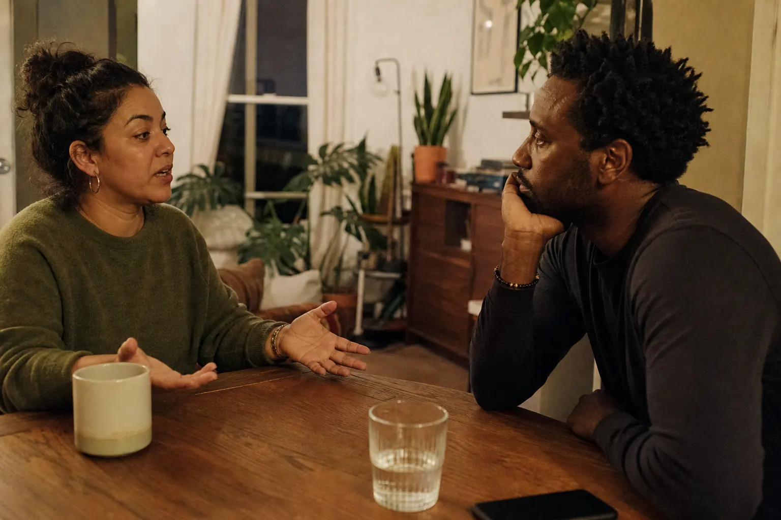 A couple sitting at a kitchen table mid-conversation, one speaking while the other listens closely