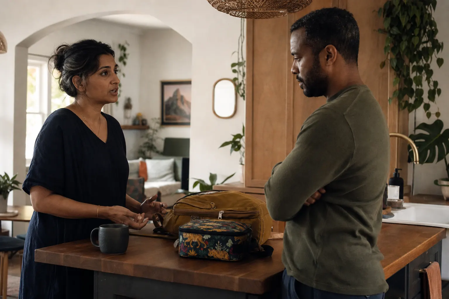 Two parents talking at a kitchen counter with a child's backpack and lunchbox between them