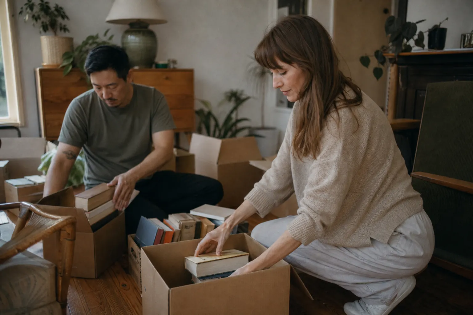Two adults packing books into moving boxes together in a half-empty apartment