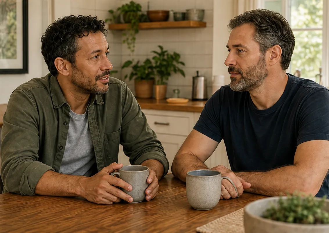 Two men in their forties talking at a kitchen table in warm afternoon light