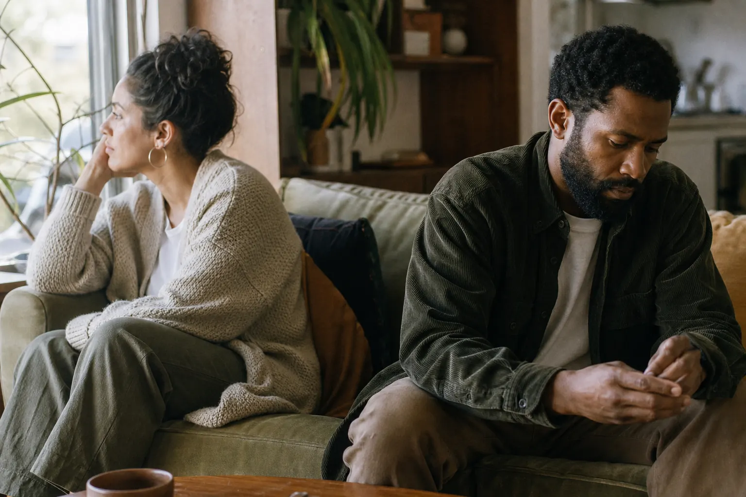 A couple in their late thirties sitting at opposite ends of a couch in a quiet living room, one looking out the window