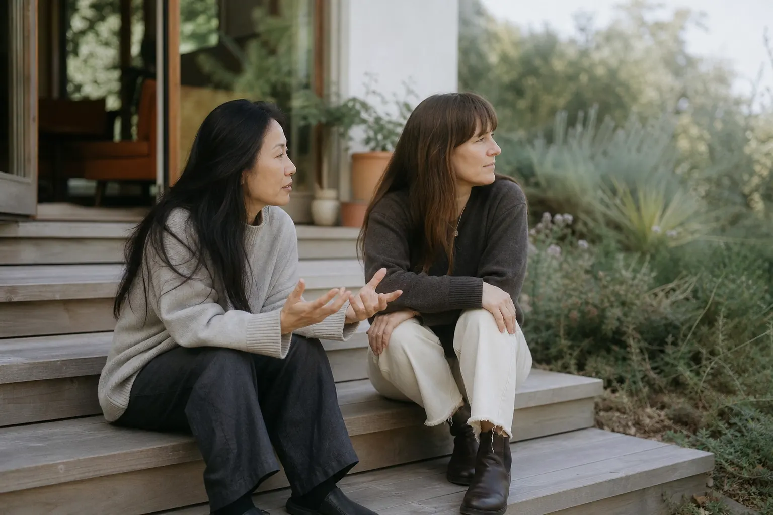 Two women in their forties talking on the back steps of a hillside home, one looking out at the garden