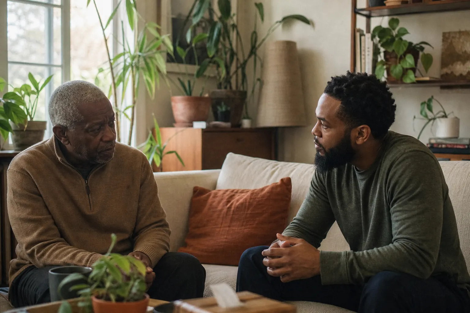 An older father and his adult son sitting apart on a bench in a quiet therapy office, looking toward the window