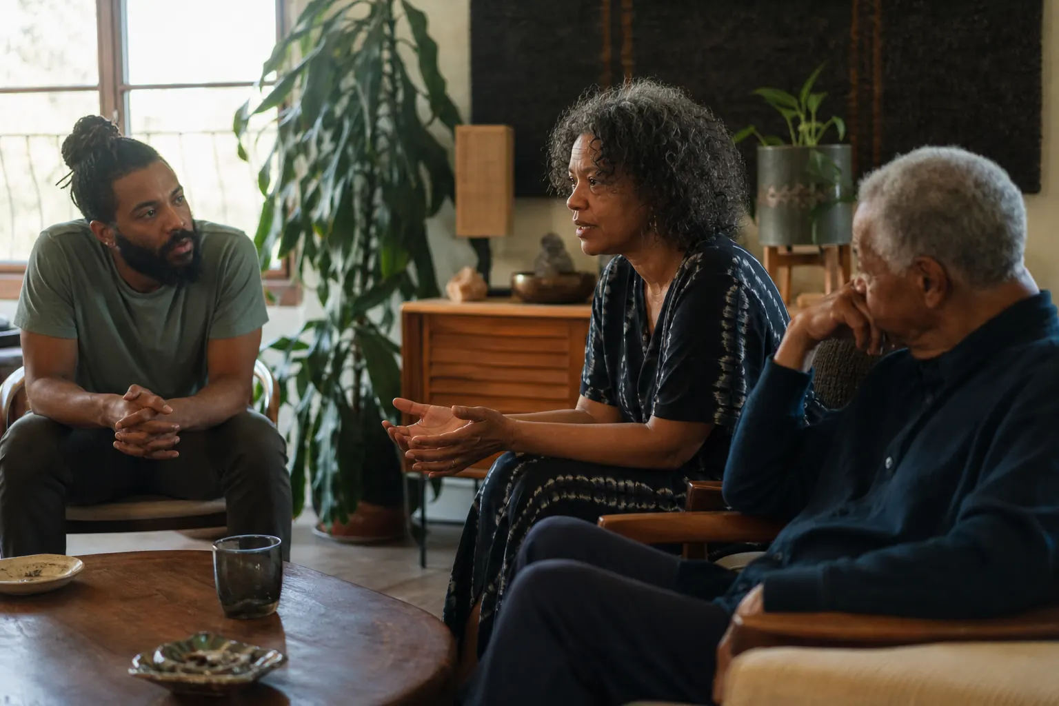 An older father and his two adult children talking together in a warm living room