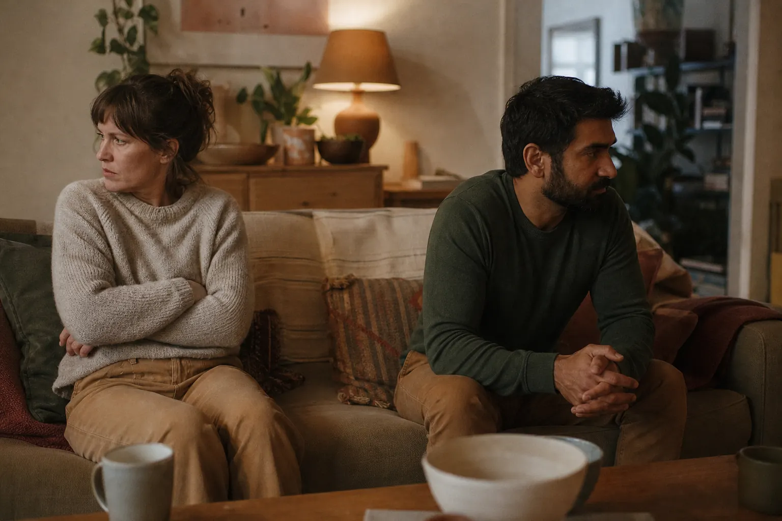 A couple sitting at opposite ends of a couch after an argument, both looking down, a little space between them