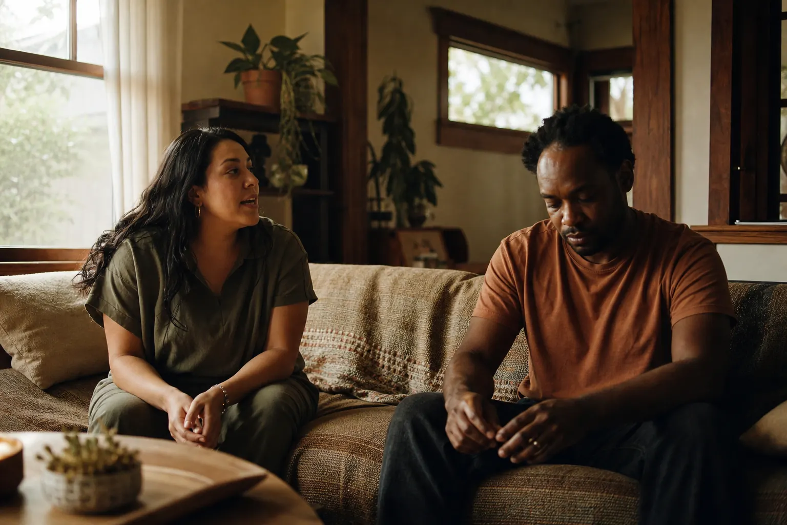 A couple sitting at opposite ends of a sofa in the front room of a Craftsman bungalow in late afternoon light