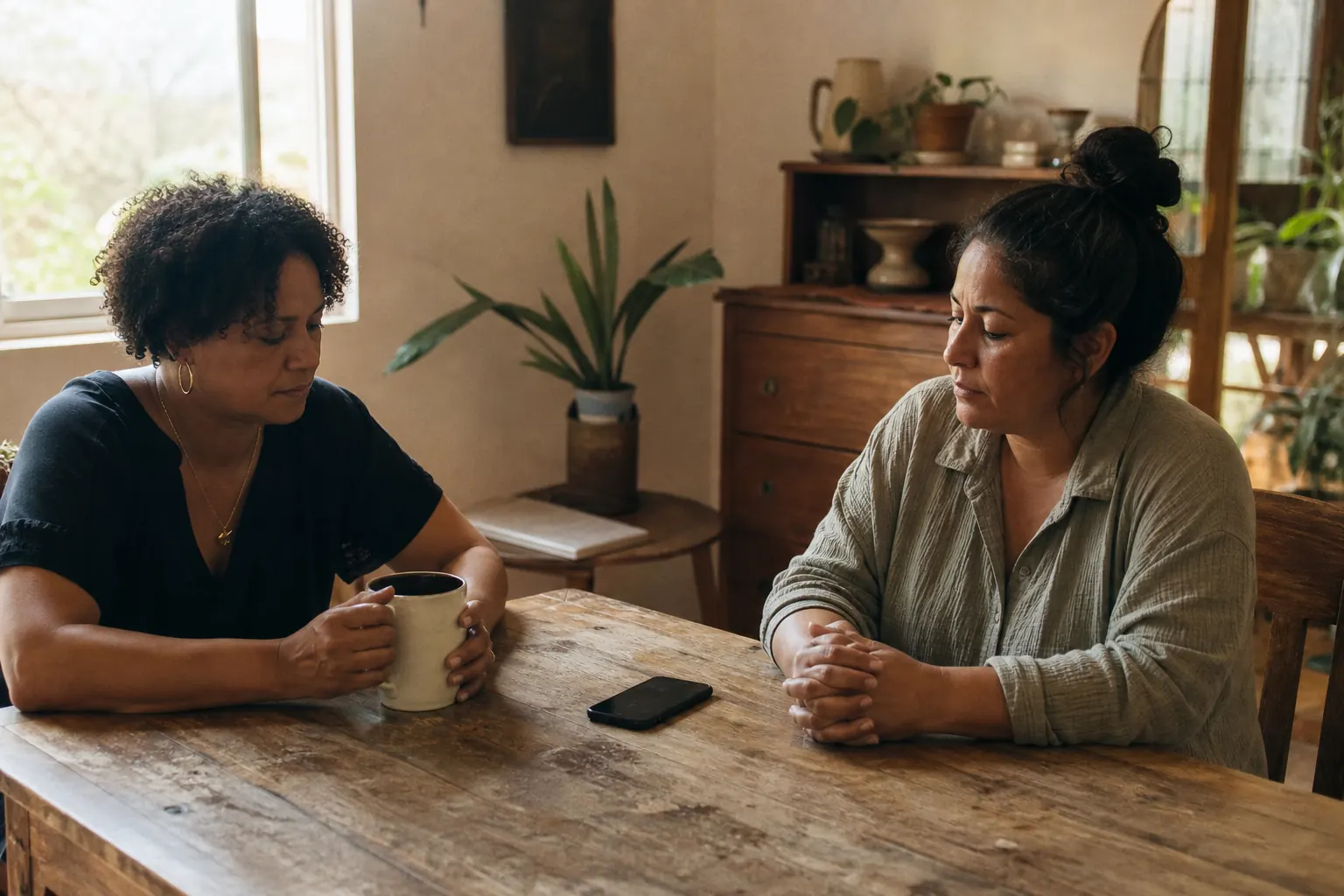 Two women in their forties sitting apart at a kitchen table, one holding a mug, in a tense, quiet moment