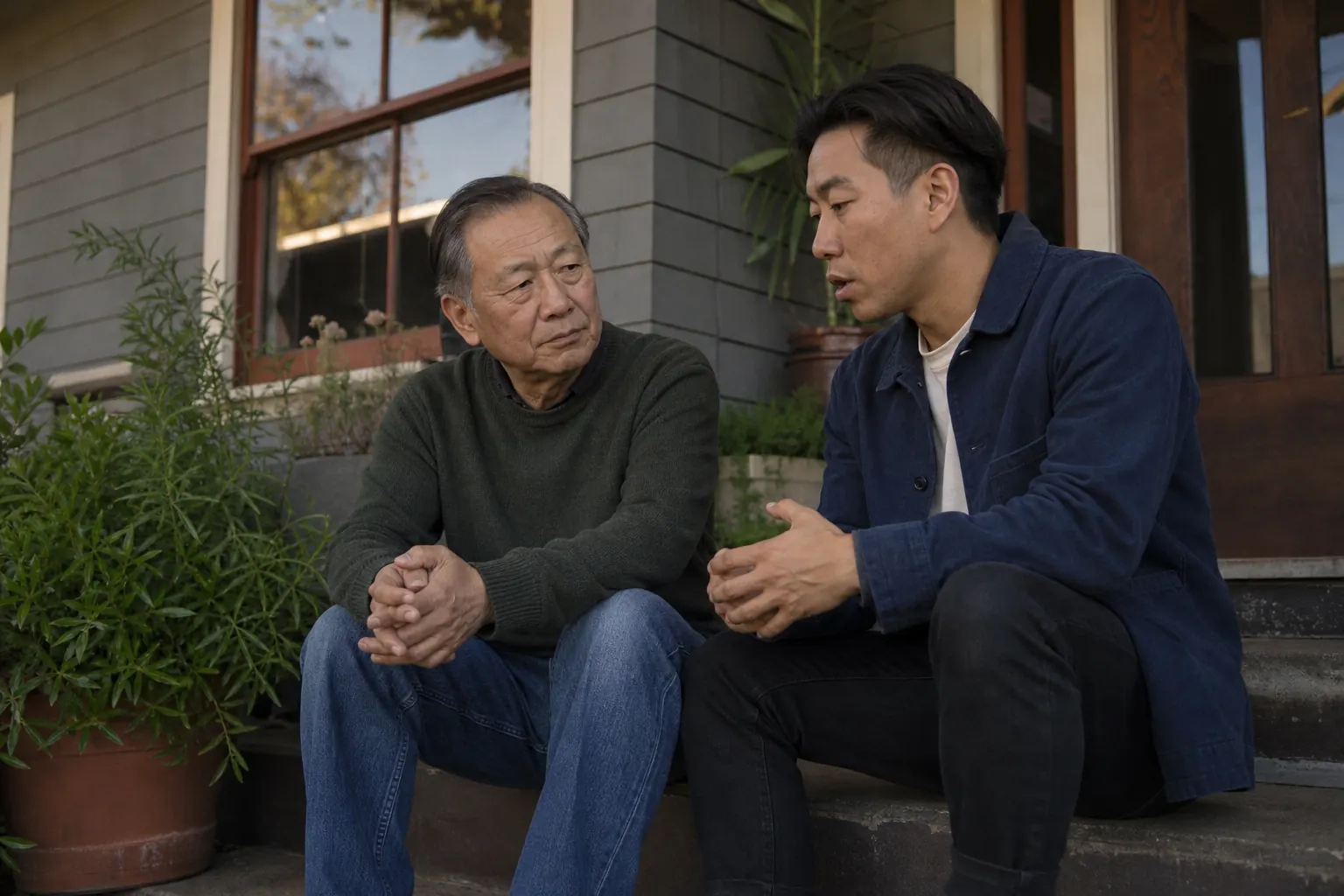 An older father and his adult son talking on a front porch in late afternoon light