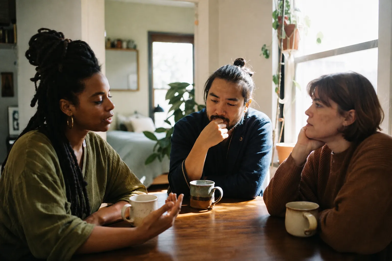 Three adults talking over coffee at a kitchen table in morning light