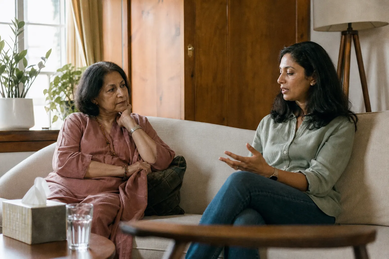 An older mother and her adult daughter talking on a couch, turned slightly toward each other