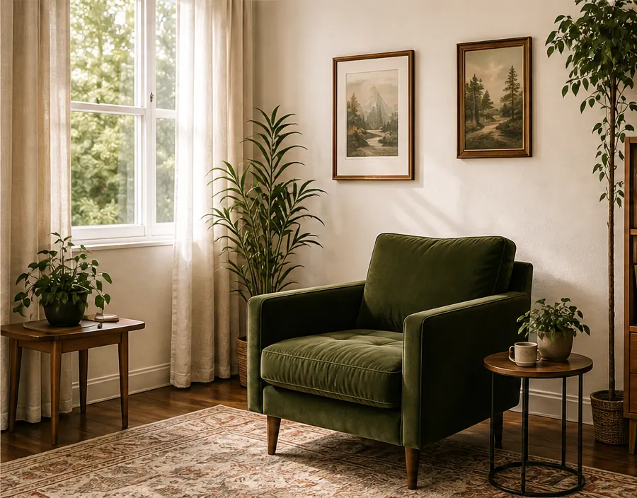 Tina’s therapy room in Highland Park with an olive armchair and plants