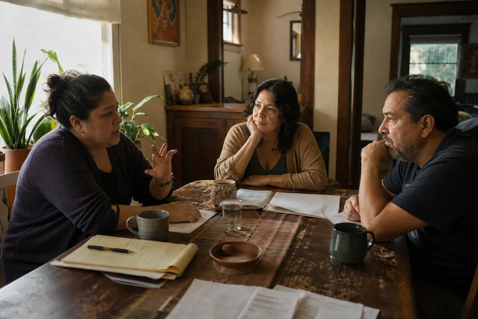 Two adult sisters and their brother talking at a kitchen table in late afternoon light