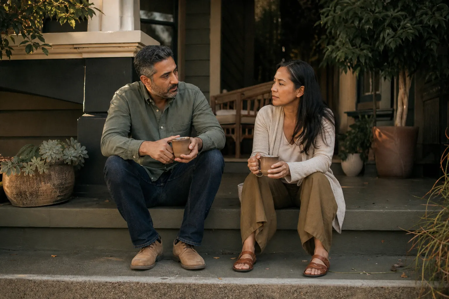 A couple in their fifties talking quietly on the porch of a Craftsman bungalow in the late afternoon
