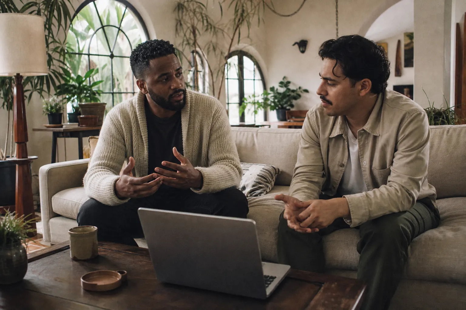Two men in their thirties talking on a couch in a West Hollywood apartment, a laptop open on the coffee table