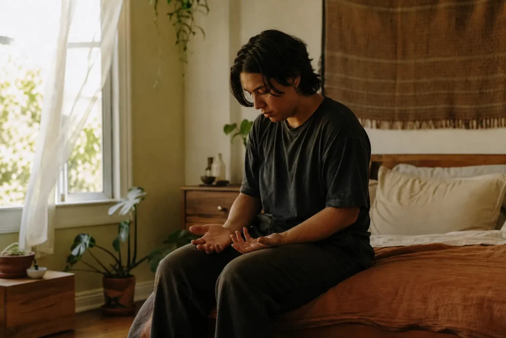 A person sitting on the edge of a bed looking down at their open hands in soft light
