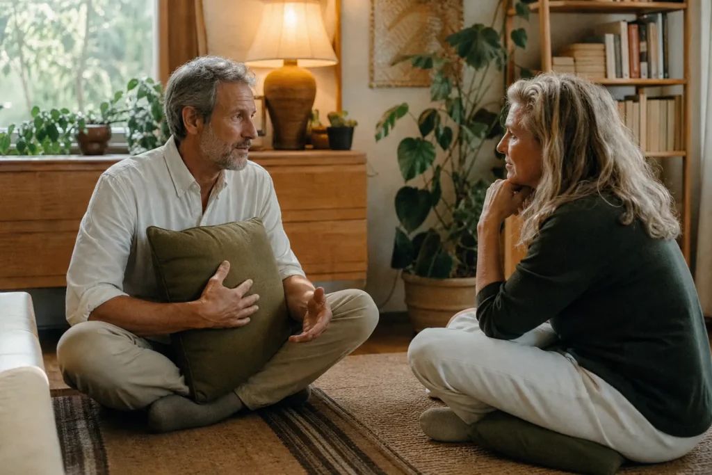 A couple sitting on a rug facing each other, one holding a cushion while speaking and the other listening