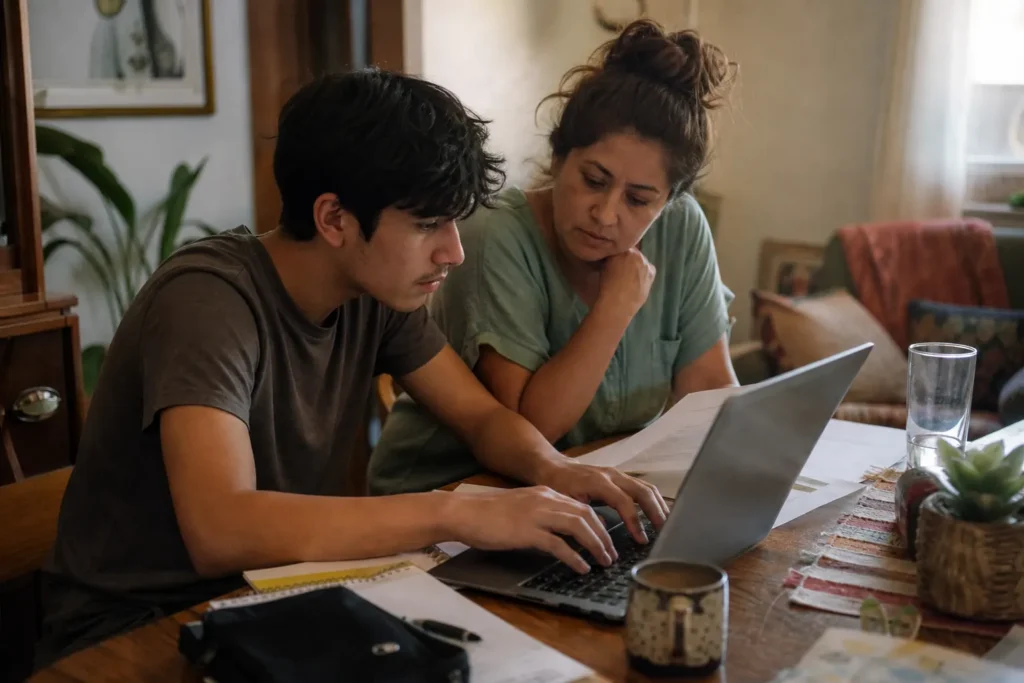 A mother and her teenage son working on a job application together at the kitchen table