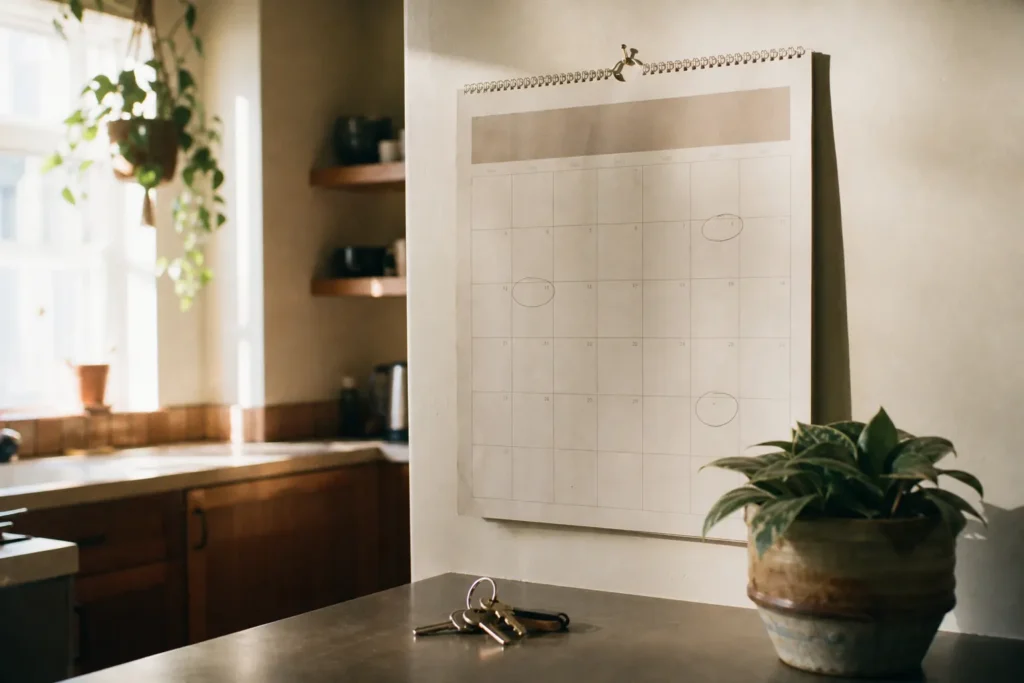 A wall calendar with a few days circled in pencil hanging in a sunlit kitchen