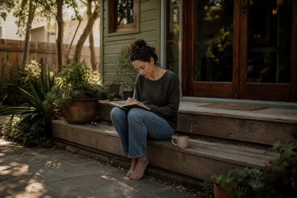 A woman sitting alone on back steps in morning light, writing in a notebook
