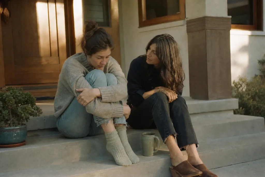 Two friends sitting close on front steps, one looking down while the other listens quietly