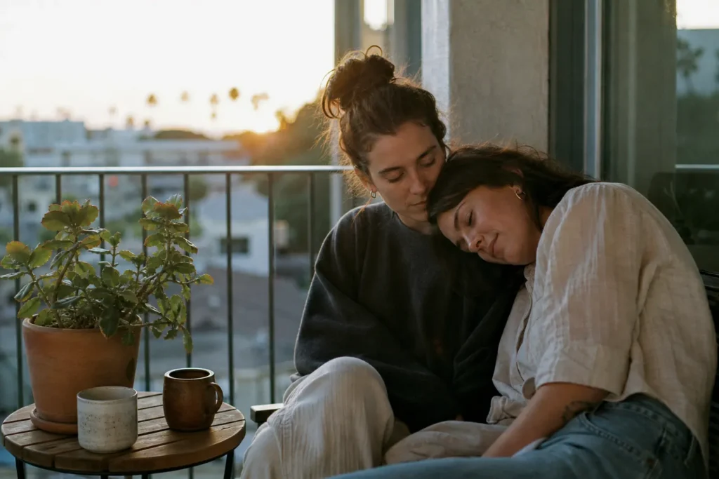 Two women sitting close together on an apartment balcony at golden hour, one resting her head on the other's shoulder