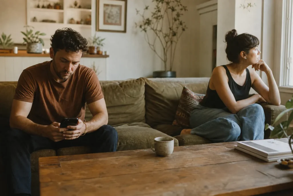 A couple sitting apart on a sofa, one looking at a phone and the other looking away, with quiet tension between them