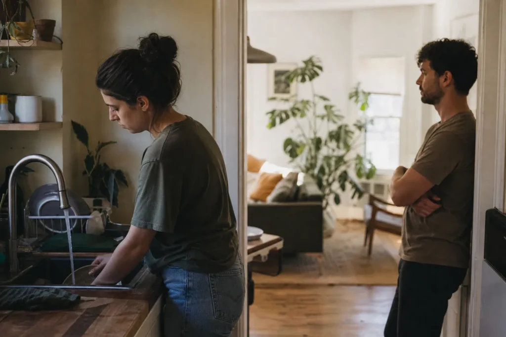 A couple in a quiet standoff in their kitchen, one at the sink and one in the doorway