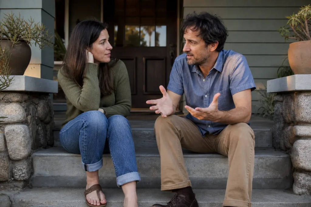 A couple sitting on their front steps in the evening, one talking and the other turned toward them, listening