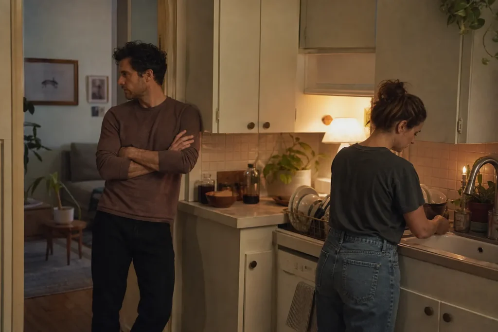 A couple in a kitchen at dusk, one at a sink full of dishes and the other in the doorway looking away